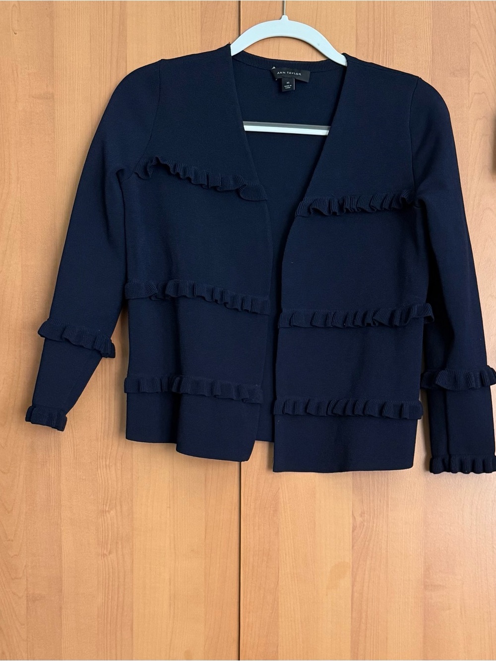 Ann Taylor Navy Ruffle-Trim Open Cardigan